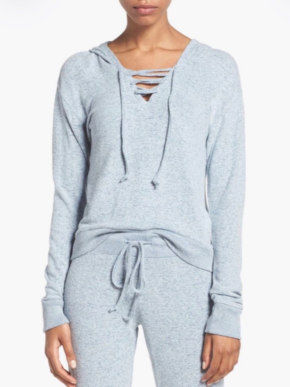 Nordstrom Make + Model Laced Neck Pull Over Hoodie Blue Grey Soft Hachi Knit S